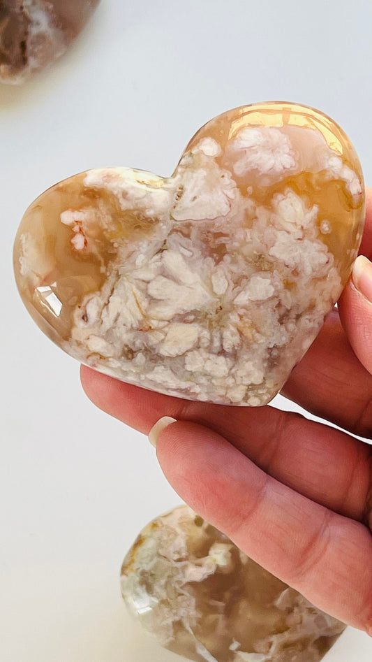 Beautiful flower agate heart carving || 3" 5.9 oz || soft neutral colors with pink and peach colored blossom patterns || .