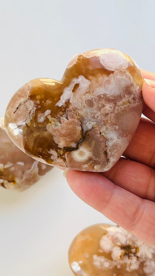 Beautiful flower agate heart carving || 3" 4.1 oz || soft neutral colors with pink and peach colored blossom patterns || .