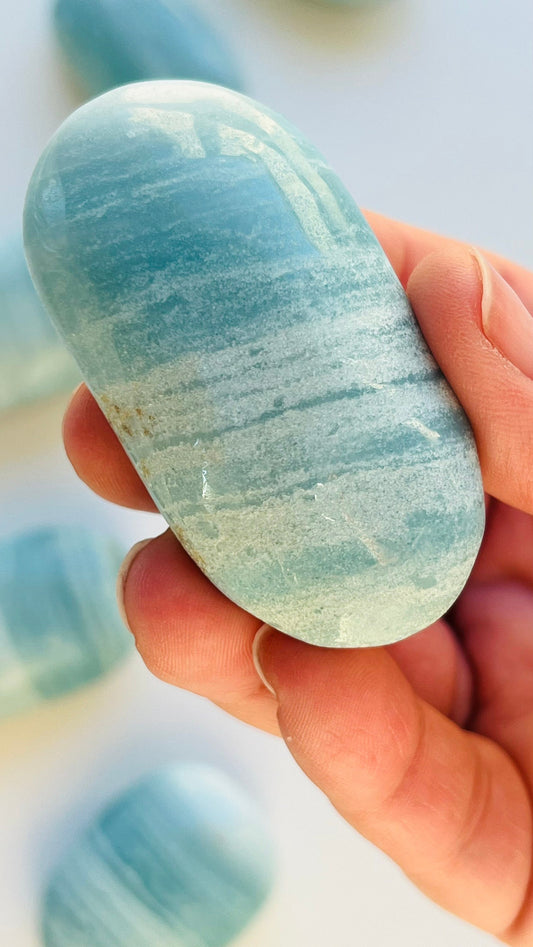 Beautiful Blue Aragonite Palm Stone || 2.5"  2.8oz || Crystals || Bluish Green || Meditation stone ||