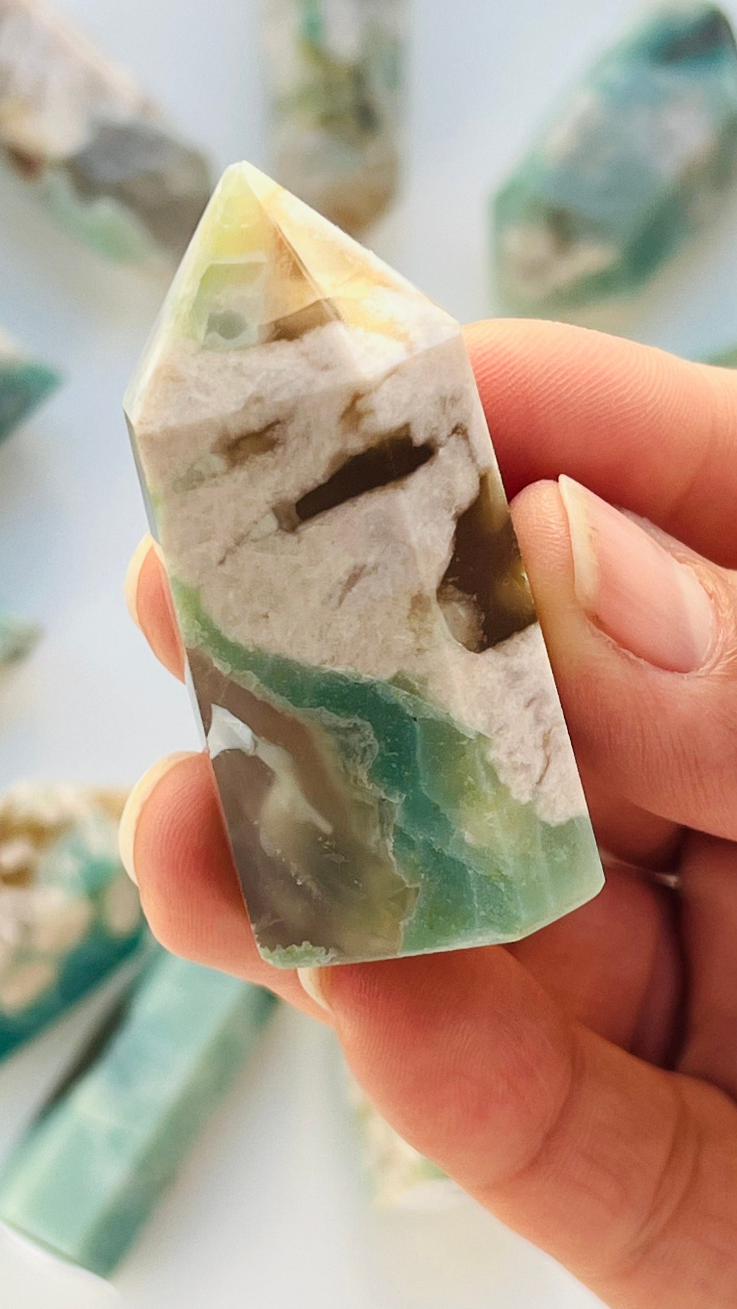 Green Flower Agate Tower  approx 2" inches 44.2 grams grams|| Feminine energy || small chip tip  || Heart and root chakra ||
