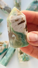 Load image into Gallery viewer, Green Flower Agate Tower  approx 2&quot; inches 44.2 grams grams|| Feminine energy || small chip tip  || Heart and root chakra ||
