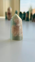 Load image into Gallery viewer, Green Flower Agate Tower 1 1/2 inches 20. grams with wonderful flower pattern, perfect for any crystal or cottage core lover
