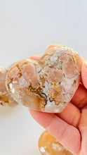 Load image into Gallery viewer, Beautiful flower agate heart carving || 3&quot; 4.1 oz || soft neutral colors with pink and peach colored blossom patterns || .
