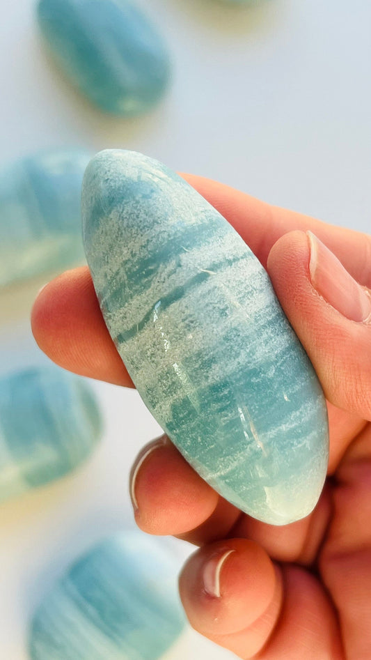 Beautiful Blue Aragonite Palm Stone || 2.5"  2.8oz || Crystals || Bluish Green || Meditation stone ||