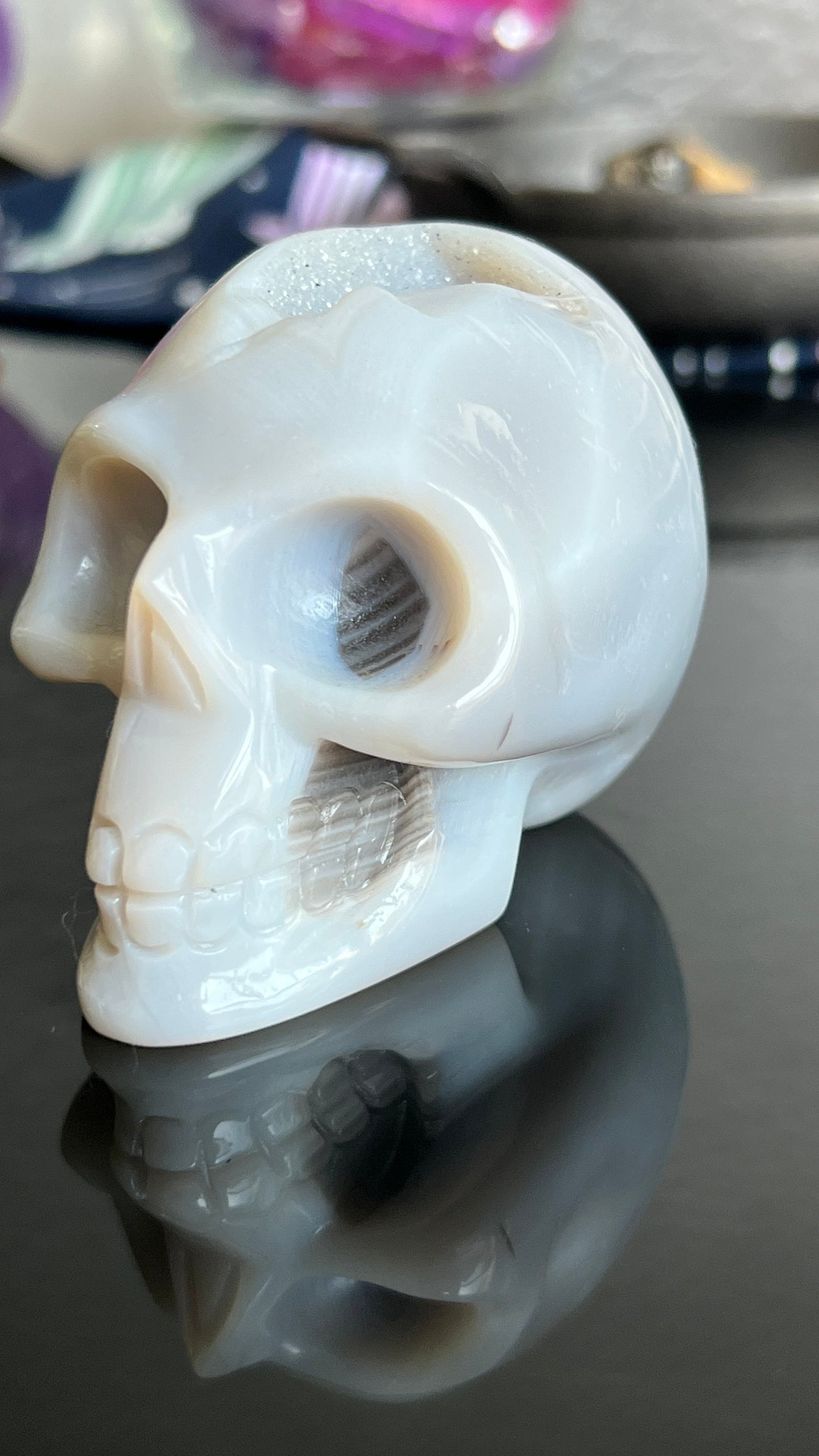 Druzy Banded Agate Skull 2 1/4 inches tall, weighing 9.1 ounces