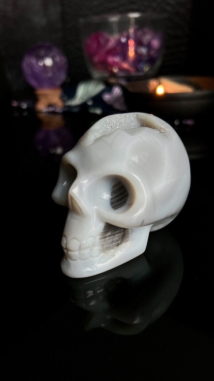 Druzy Banded Agate Skull 2 1/4 inches tall, weighing 9.1 ounces