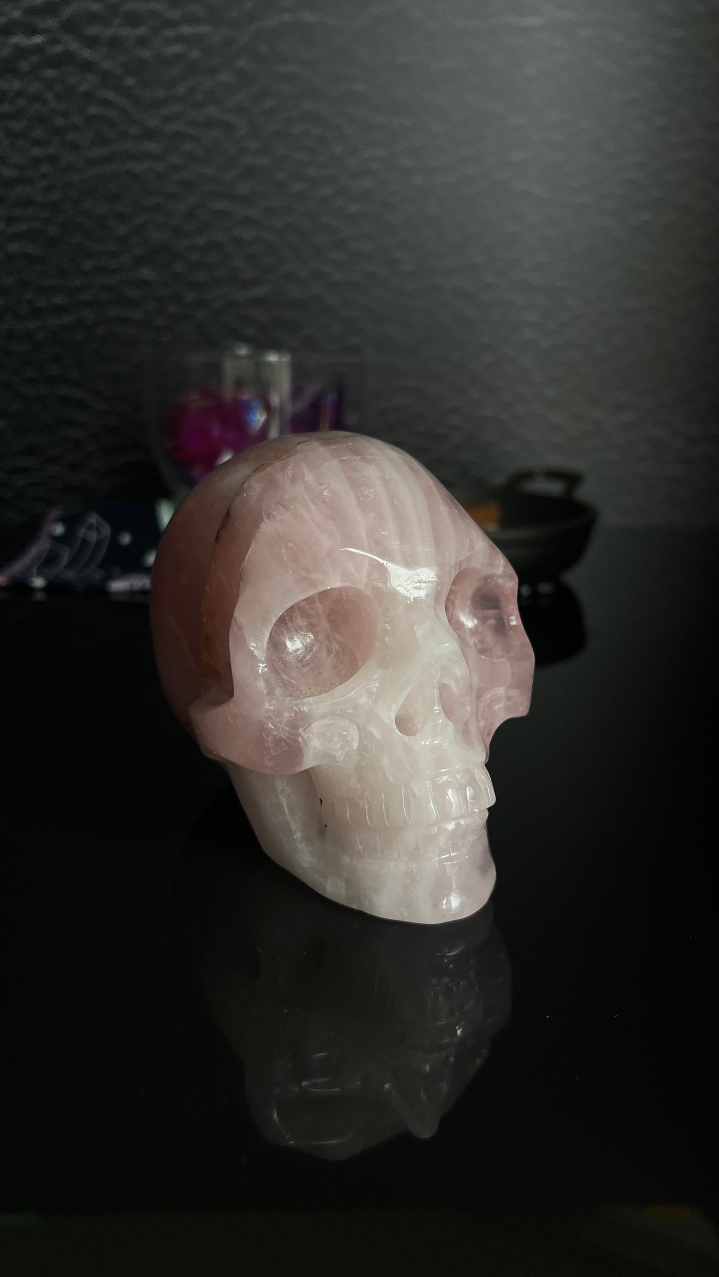 Beautiful Rose Quartz Skull. Approx 4 inches tall and 4 1/2 inches long. Weighs 2.6 pounds