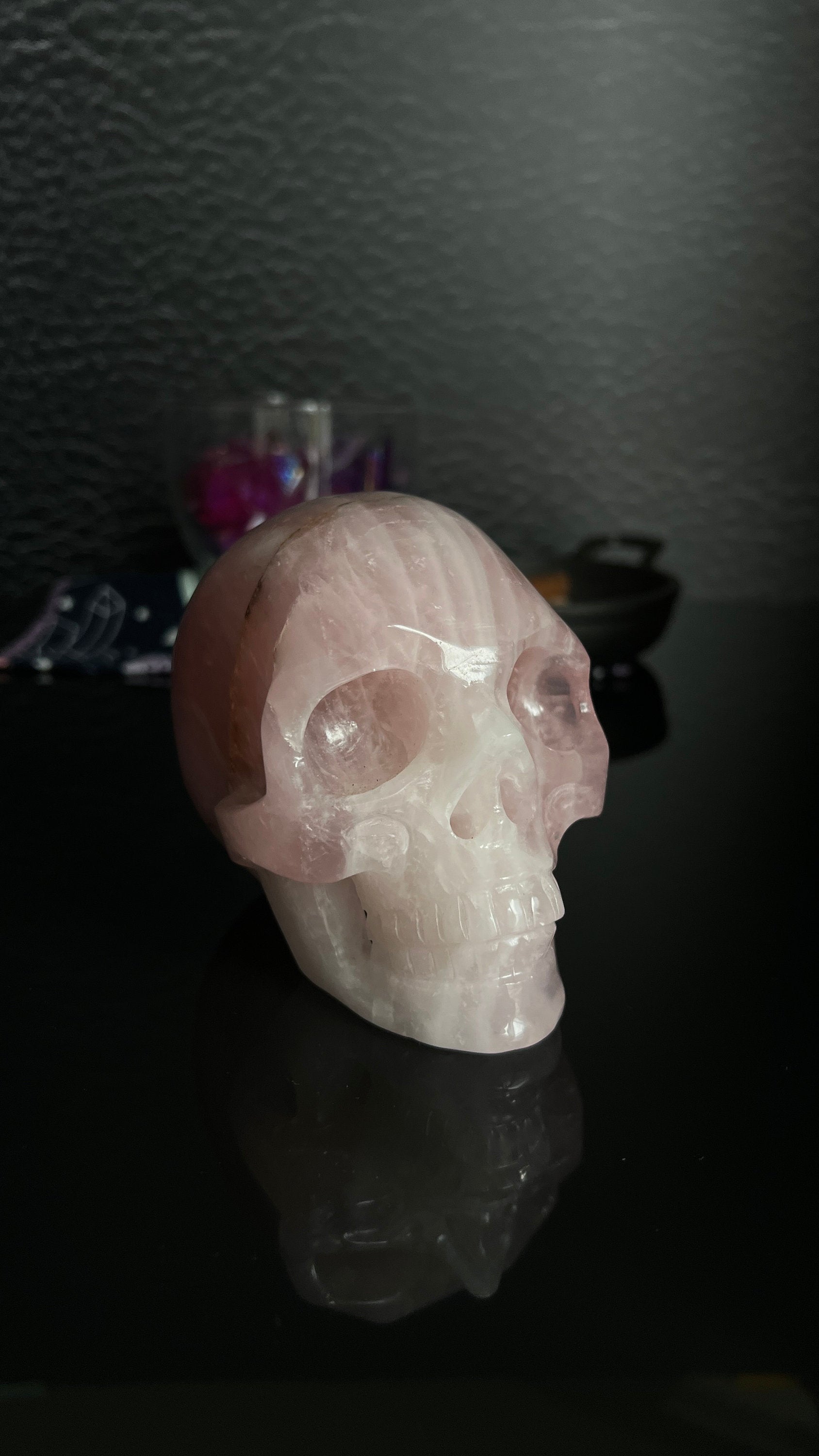 Beautiful Rose Quartz Skull. Approx 4 inches tall and 4 1/2 inches long. Weighs 2.6 pounds