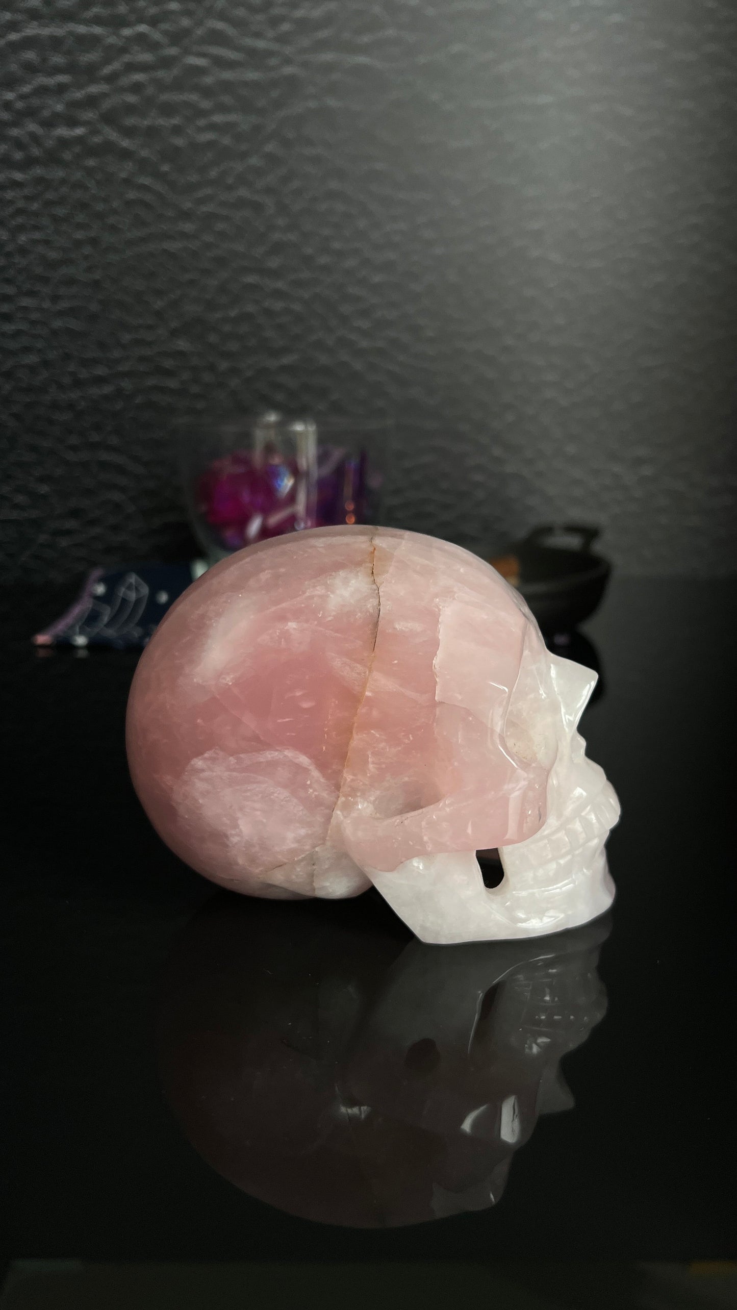 Beautiful Rose Quartz Skull. Approx 4 inches tall and 4 1/2 inches long. Weighs 2.6 pounds