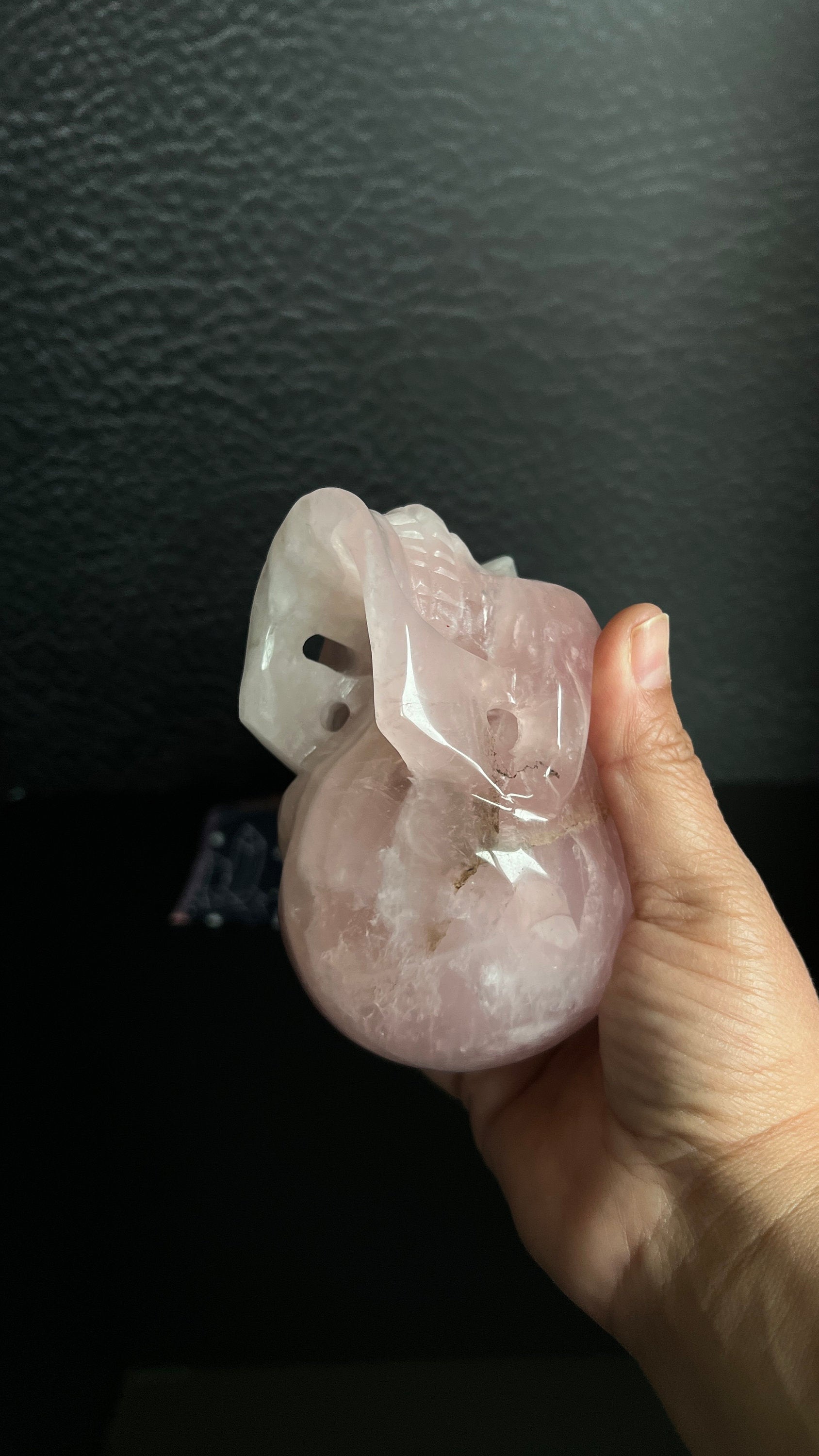 Beautiful Rose Quartz Skull. Approx 4 inches tall and 4 1/2 inches long. Weighs 2.6 pounds