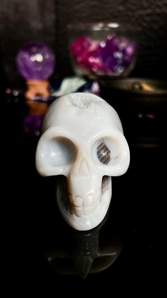 Druzy Banded Agate Skull 2 1/4 inches tall, weighing 9.1 ounces