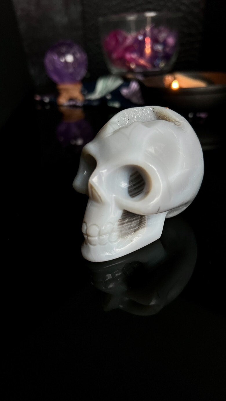 Druzy Banded Agate Skull 2 1/4 inches tall, weighing 9.1 ounces