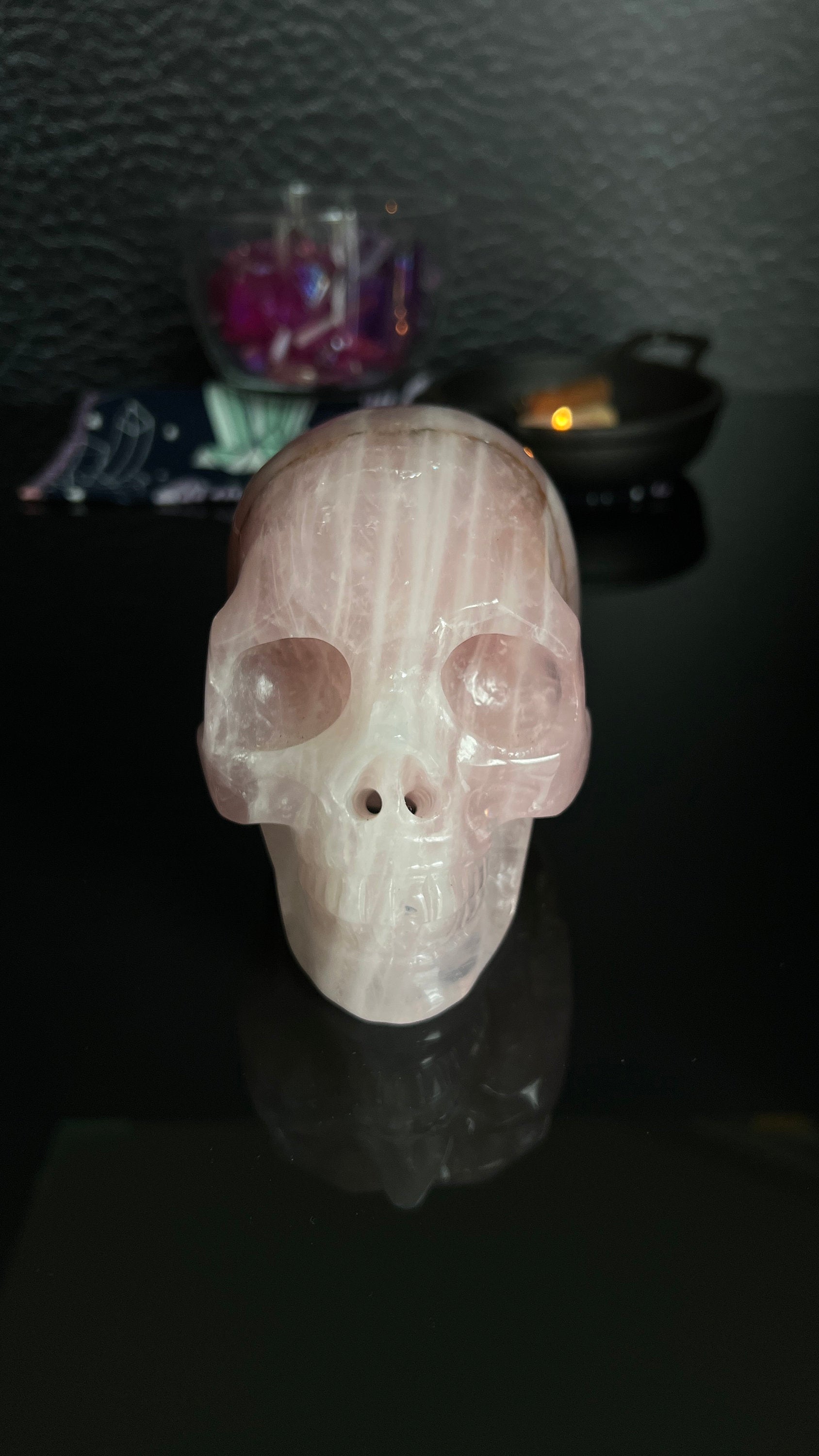 Beautiful Rose Quartz Skull. Approx 4 inches tall and 4 1/2 inches long. Weighs 2.6 pounds