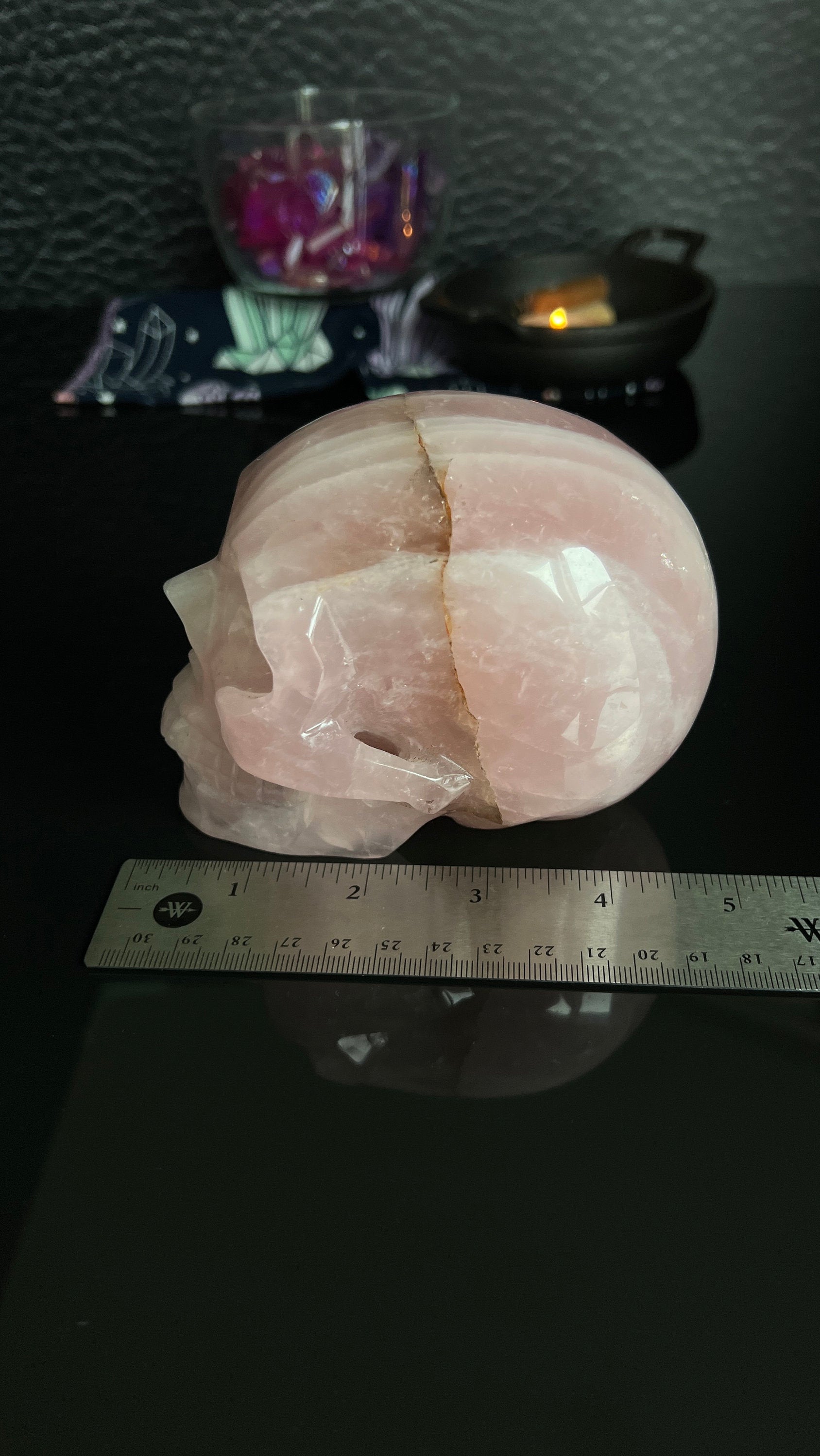 Beautiful Rose Quartz Skull. Approx 4 inches tall and 4 1/2 inches long. Weighs 2.6 pounds