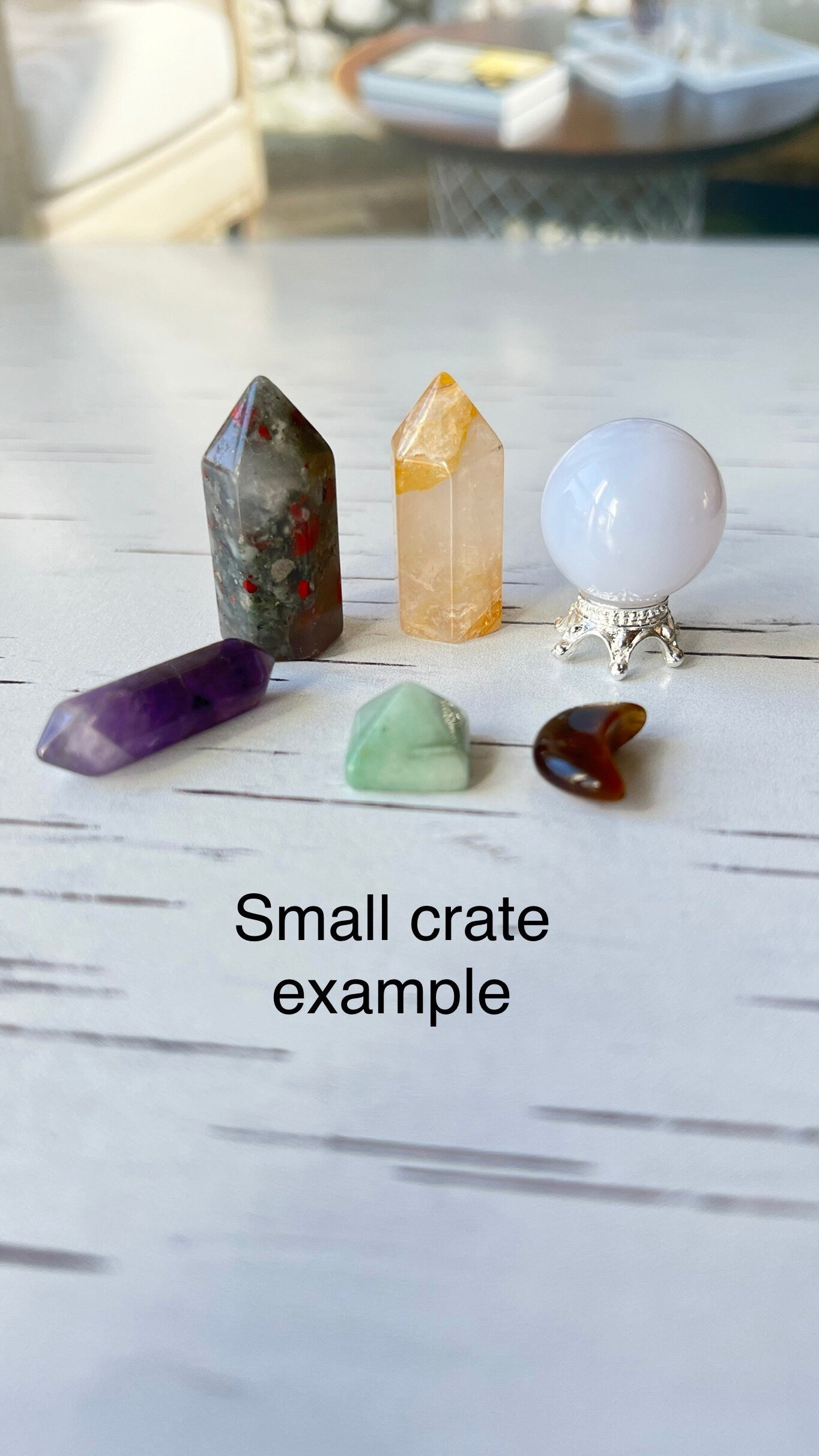 Curious Crystal Crates, AKA Mystery boxes, filled with unique and wonderful crystals - actual contents of mystery boxes will vary.